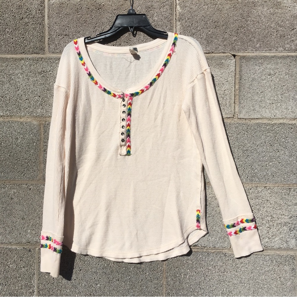 We The Free People Henley Top Women’s Rainbow Thermal Shirt Cream Size Medium